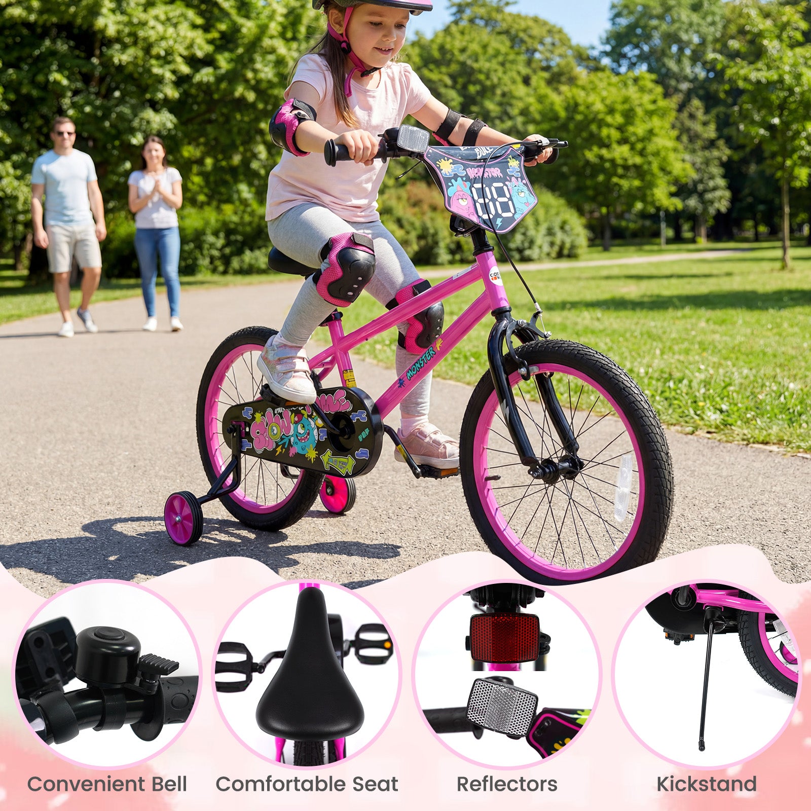 18 Inch Kids Bike with Training Wheels for Ages 4-8 Years Old Pink- Street Art Time