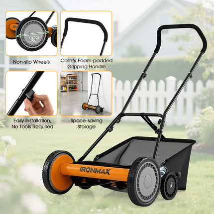 18 Inch Push Reel Lawn Mower 4-Position Adjustable with Removable Grass Catcher-Orange