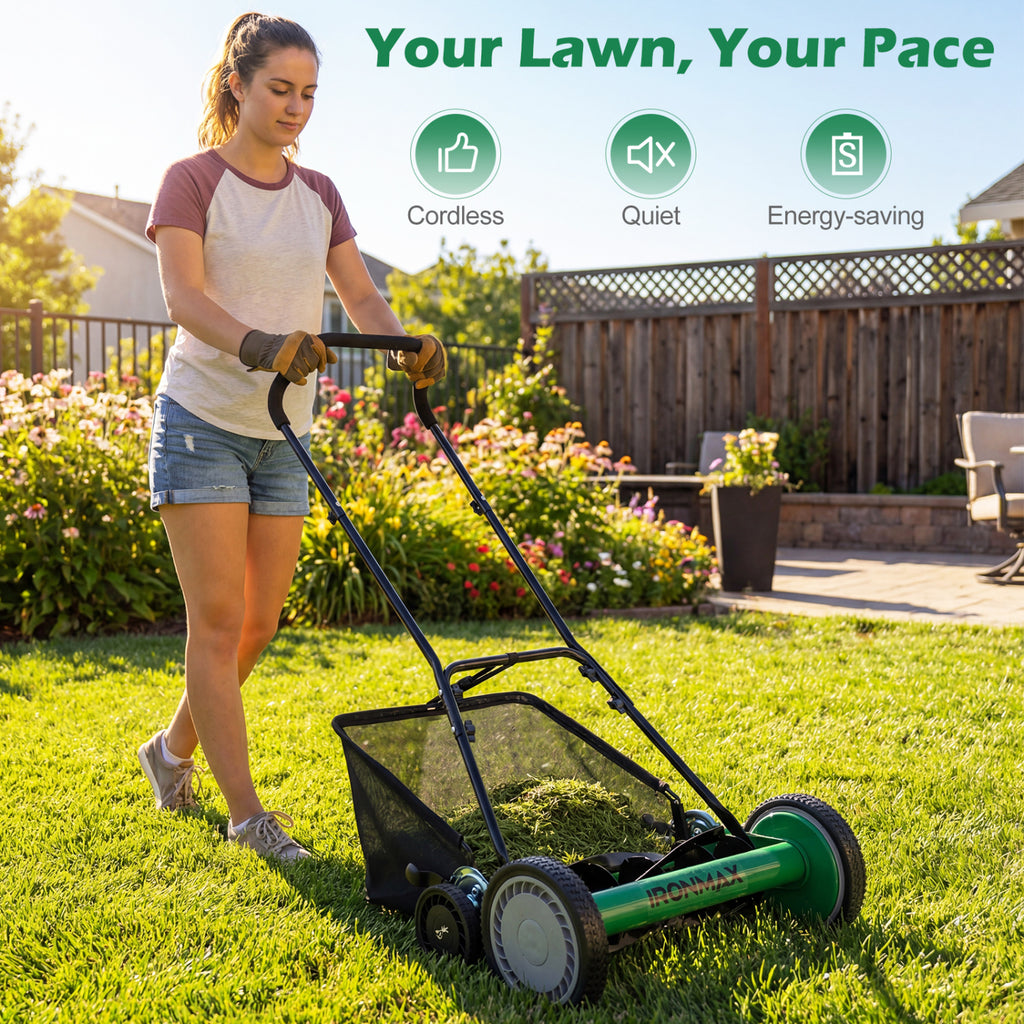 18 Inch Push Reel Lawn Mower 4-Position Adjustable with Removable Grass Catcher-Green