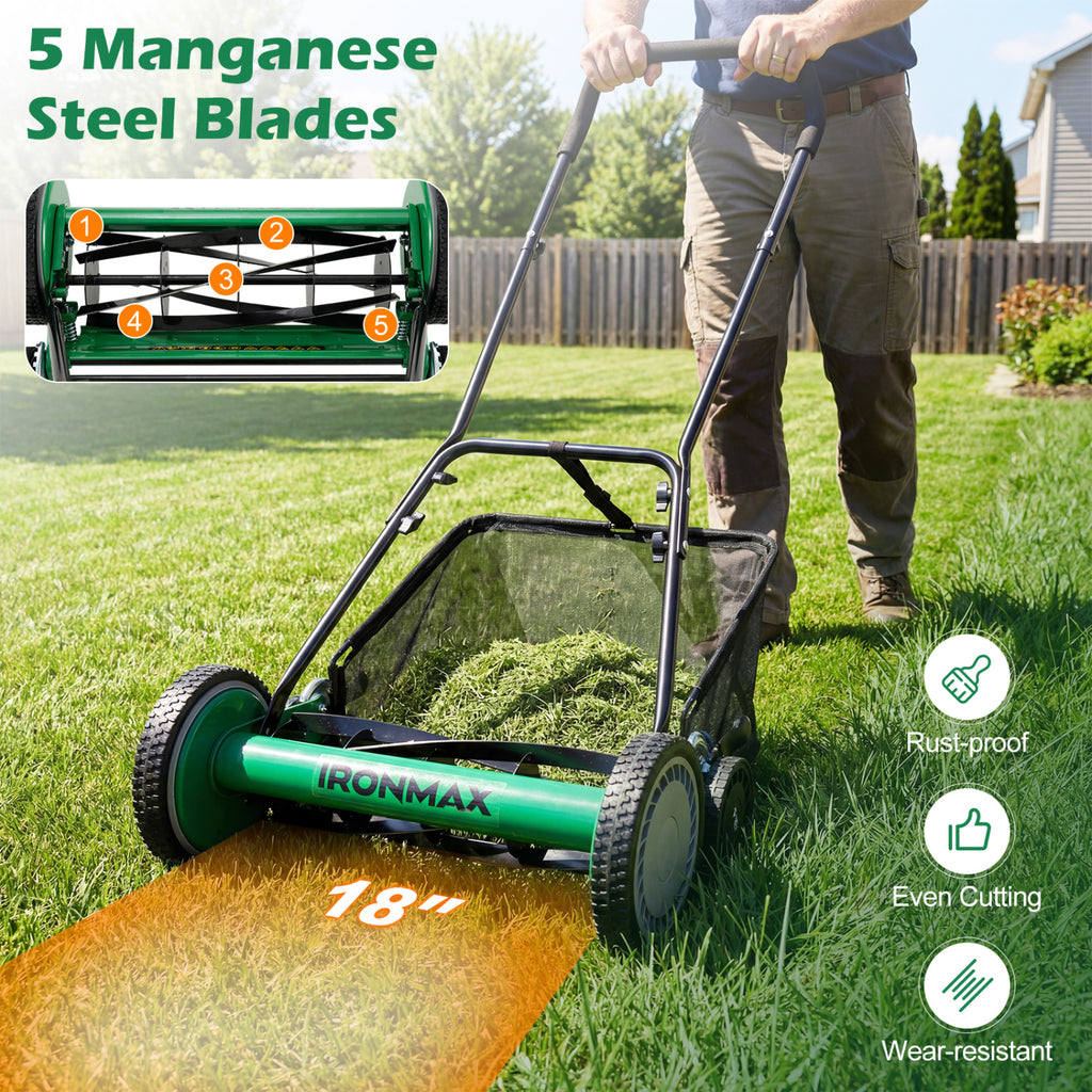 18 Inch Push Reel Lawn Mower 4-Position Adjustable with Removable Grass Catcher-Green