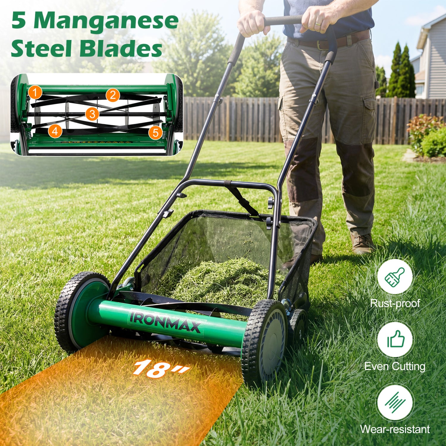 18 Inch Push Reel Lawn Mower 4-Position Adjustable with Removable Grass Catcher-Green