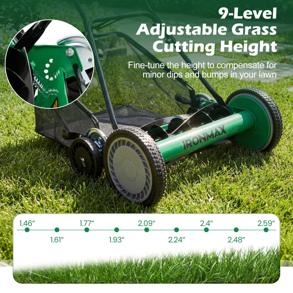 18 Inch Push Reel Lawn Mower 4-Position Adjustable with Removable Grass Catcher-Green