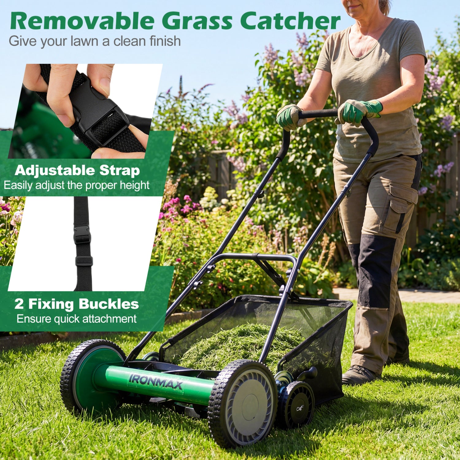 18 Inch Push Reel Lawn Mower 4-Position Adjustable with Removable Grass Catcher-Green