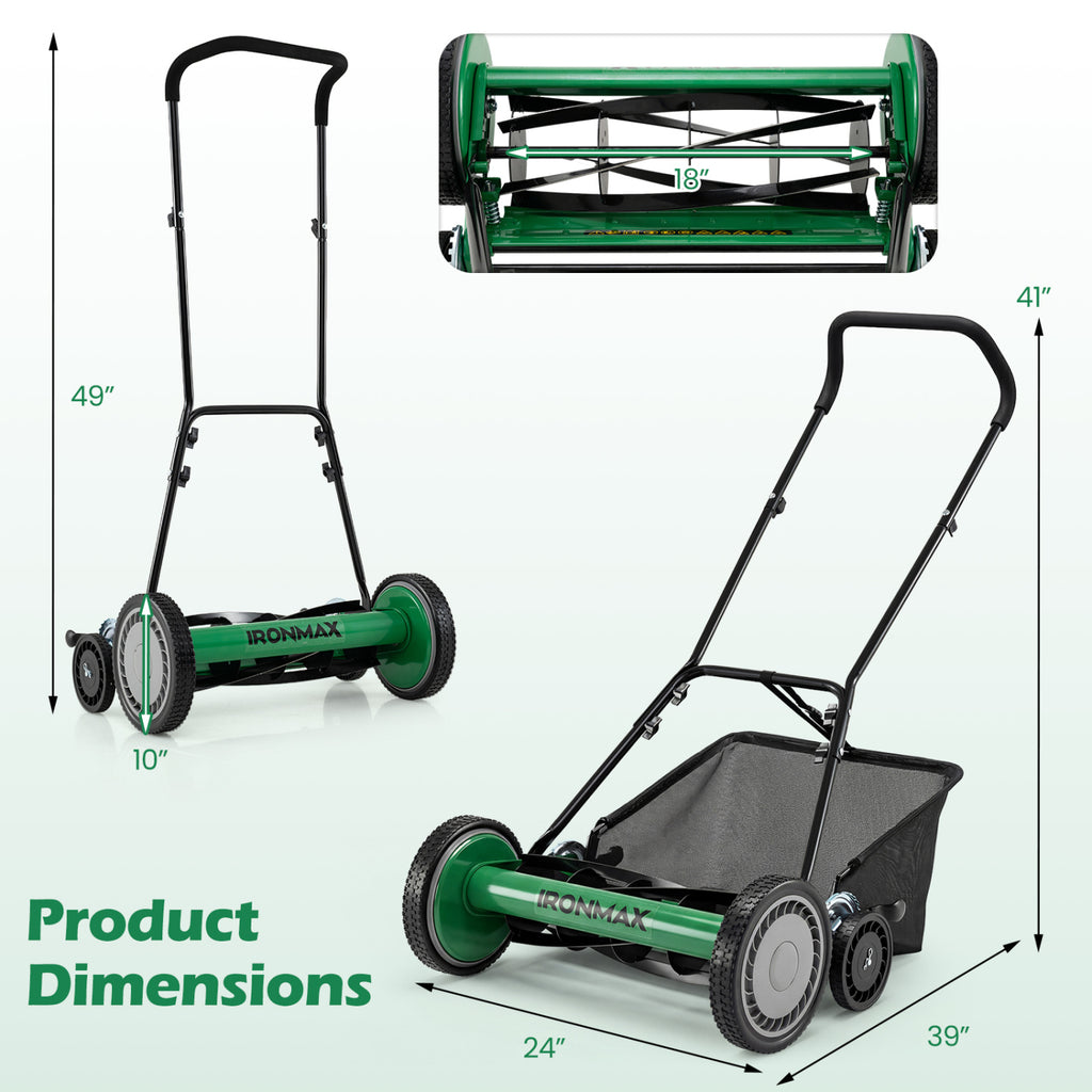 18 Inch Push Reel Lawn Mower 4-Position Adjustable with Removable Grass Catcher-Green