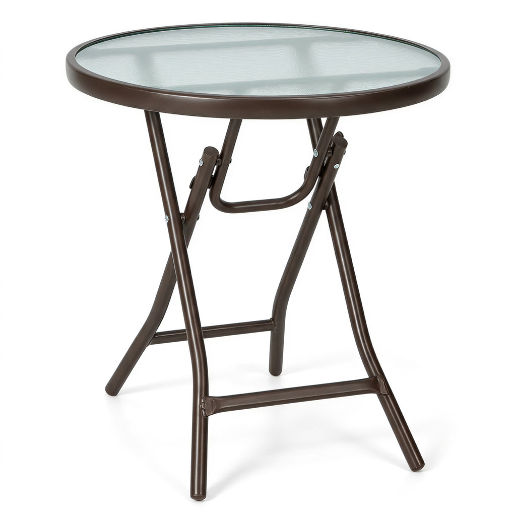 18 Inch Round Patio Side Table with Tempered Glass Top-Brown