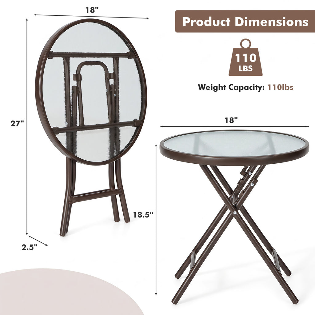 18 Inch Round Patio Side Table with Tempered Glass Top-Brown
