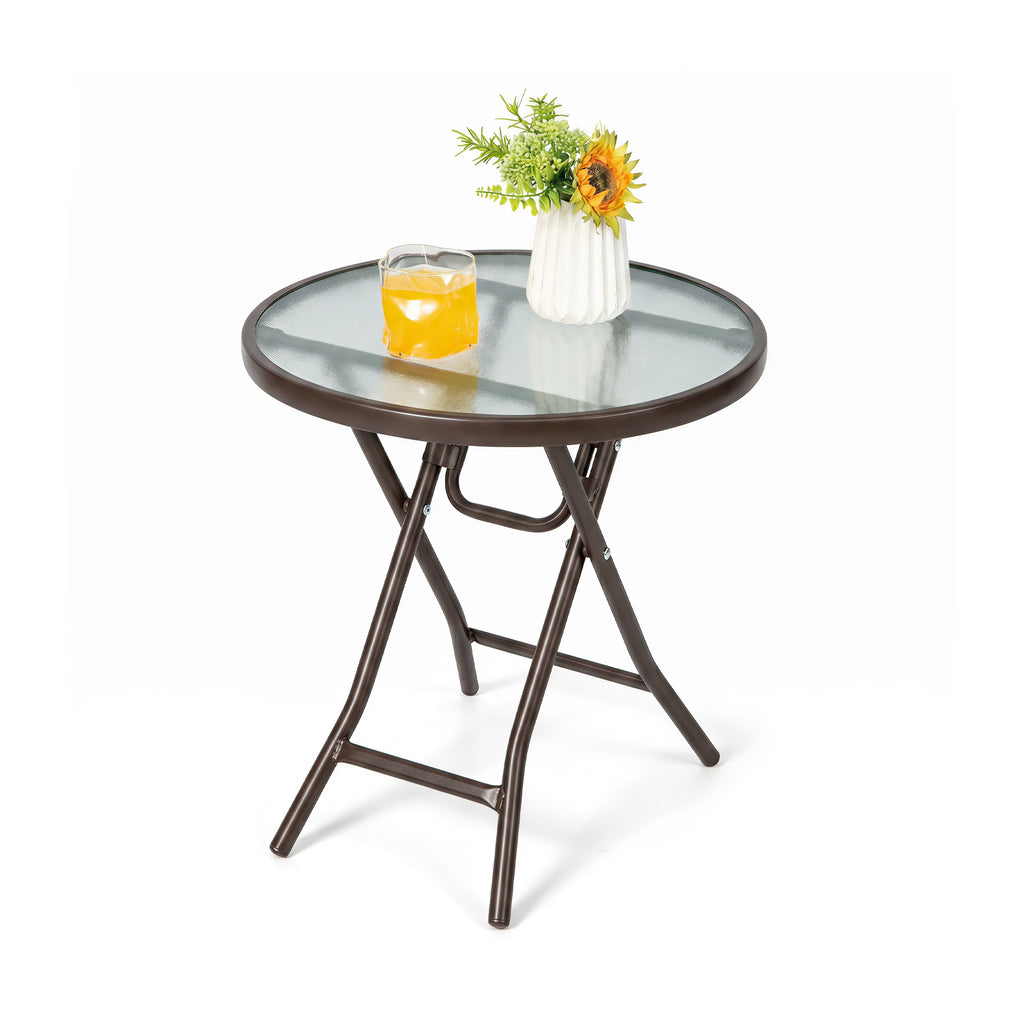 18 Inch Round Patio Side Table with Tempered Glass Top-Brown