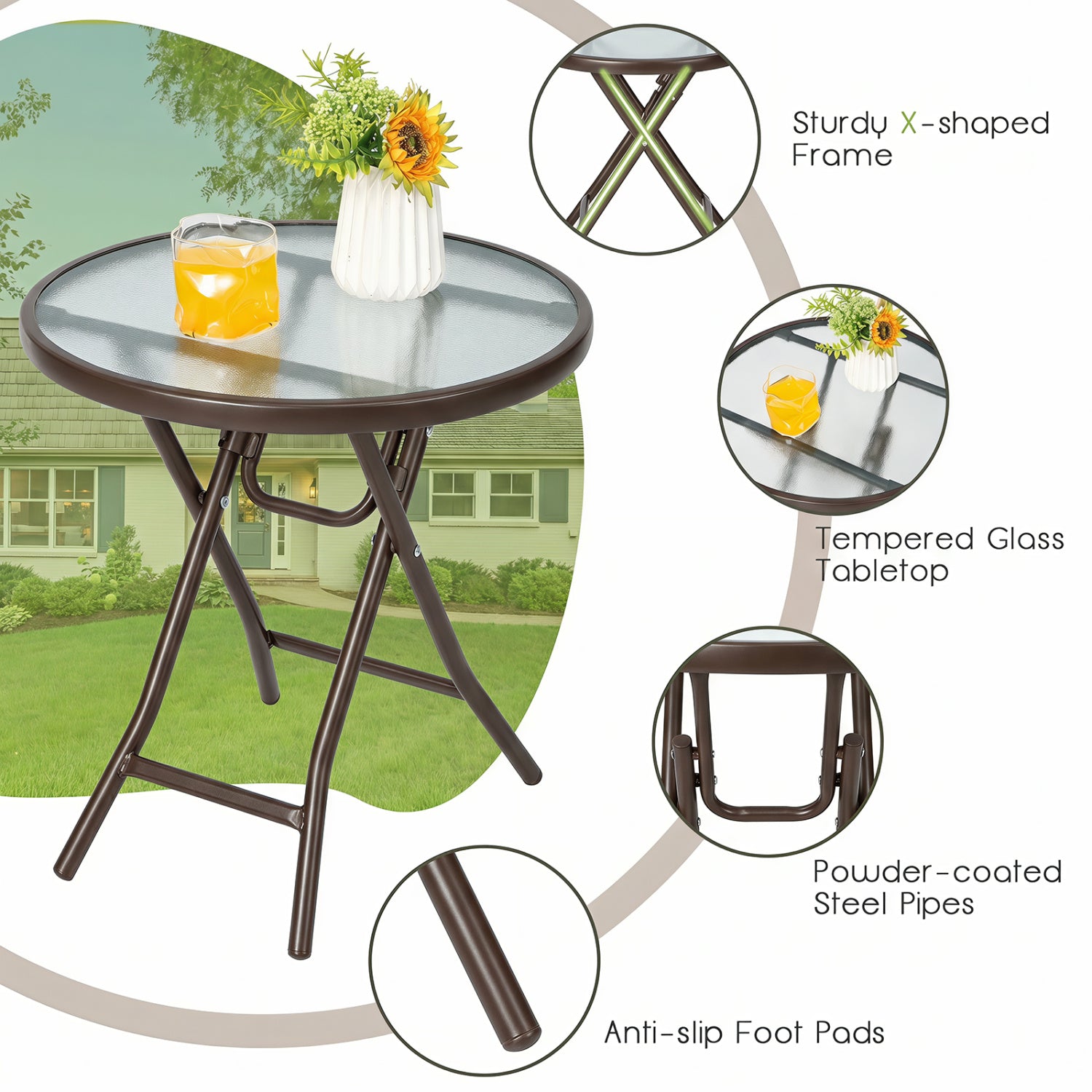 18 Inch Round Patio Side Table with Tempered Glass Top-Brown