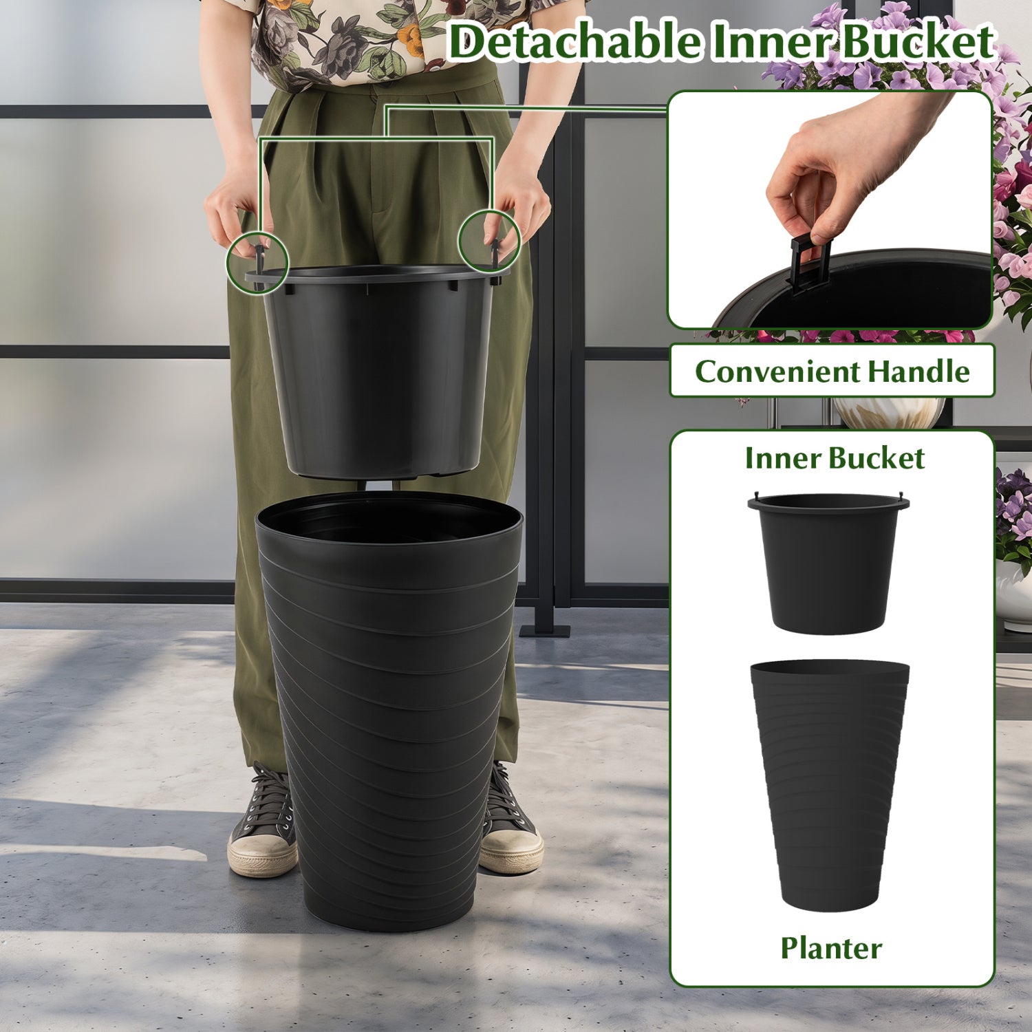 18 Inch Tall Flower Pot Set of 2 with Insert Bucket and Handle Design-Black