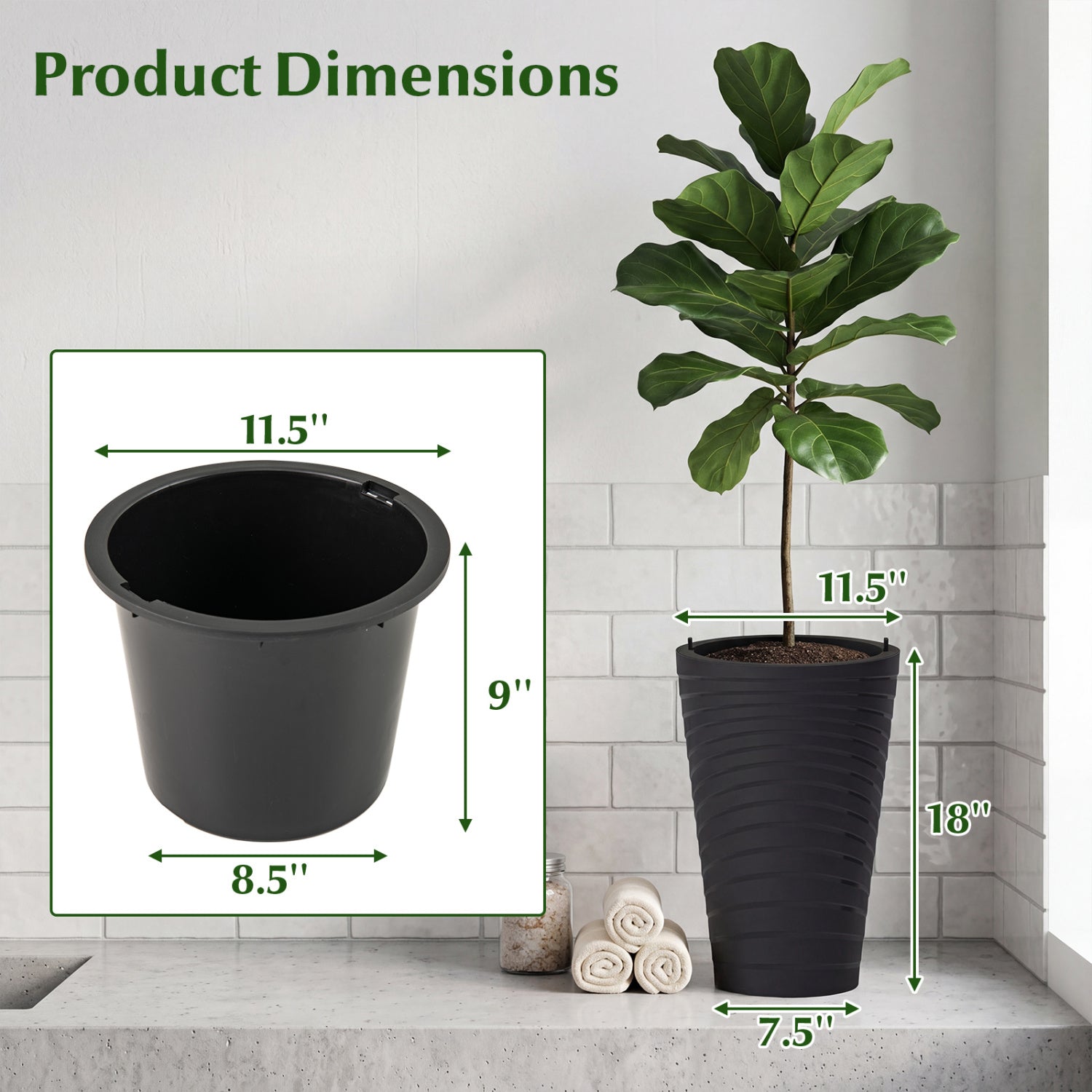 18 Inch Tall Flower Pot Set of 2 with Insert Bucket and Handle Design-Black