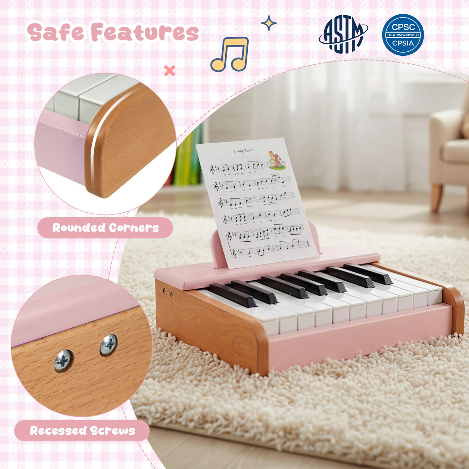 18 Keys Wooden Piano for Kids with Removable Music Stand-Pink