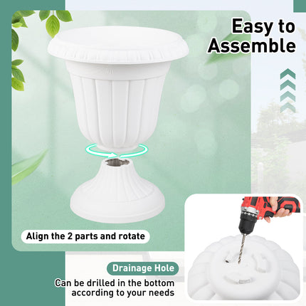 18 inch Tall Vintage Planters Set of 2 with Pedestal Base and Pre-marked Drain Hole-White