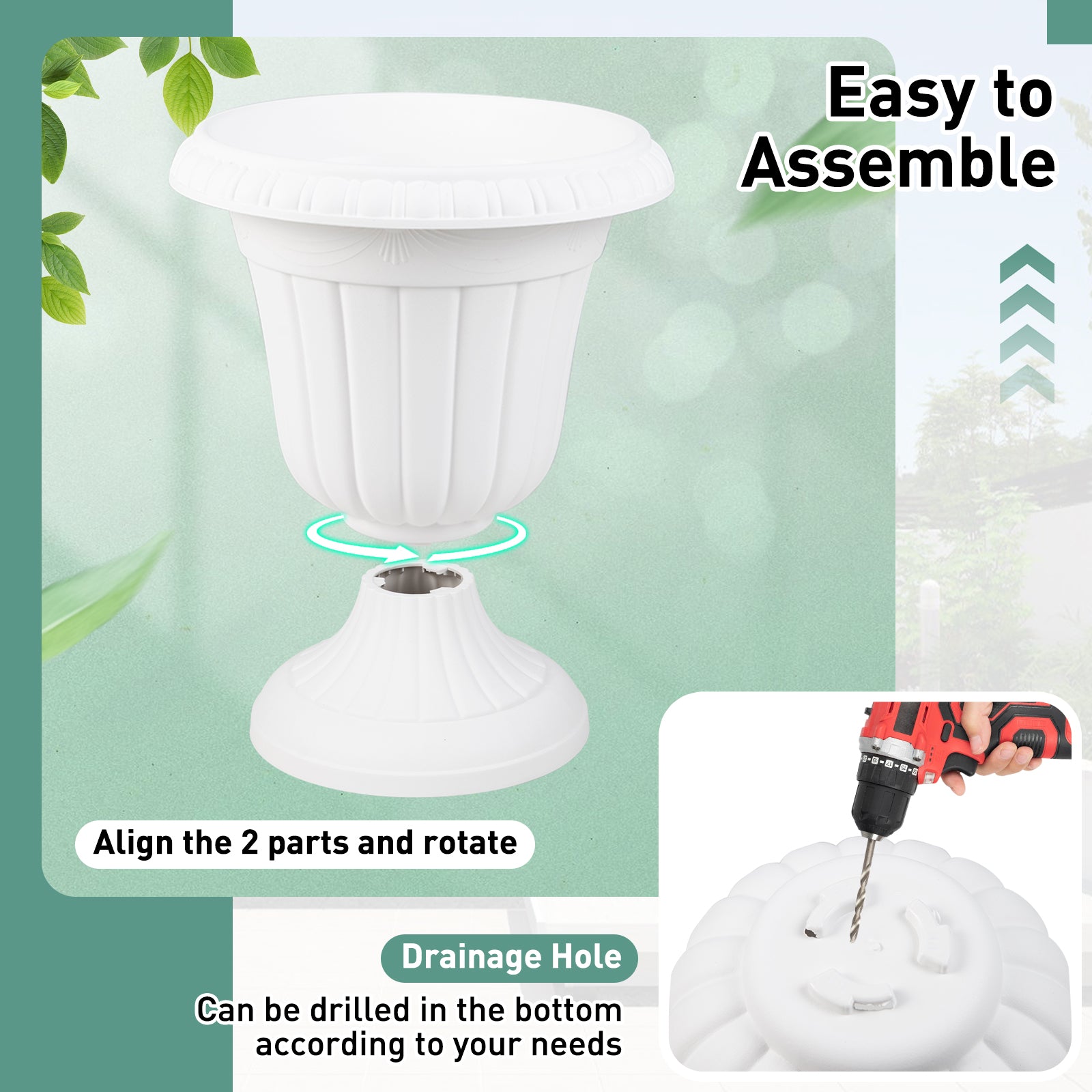 18 inch Tall Vintage Planters Set of 2 with Pedestal Base and Pre-marked Drain Hole-White