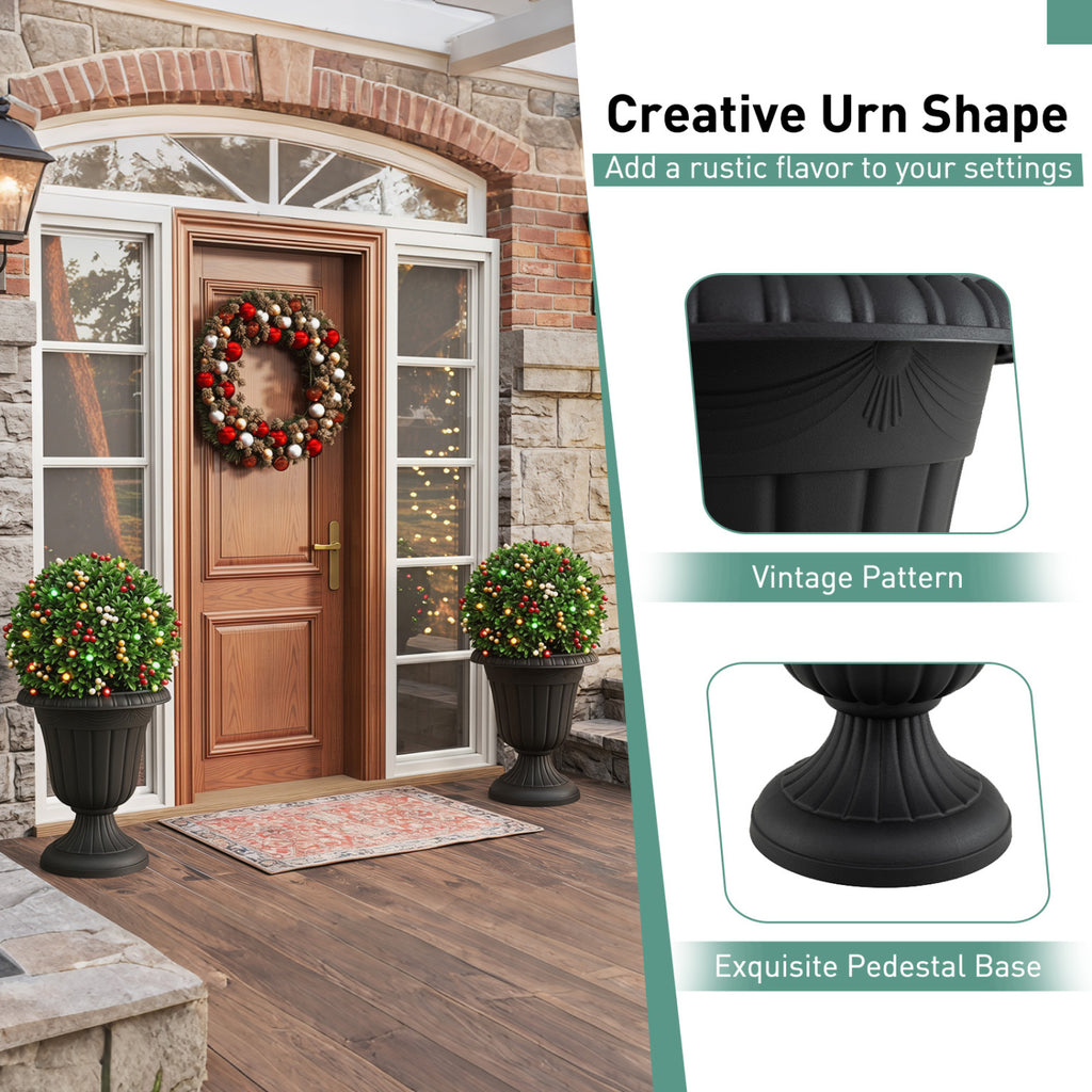 18 inch Tall Vintage Planters Set of 2 with Pedestal Base and Pre-marked Drain Hole-Black