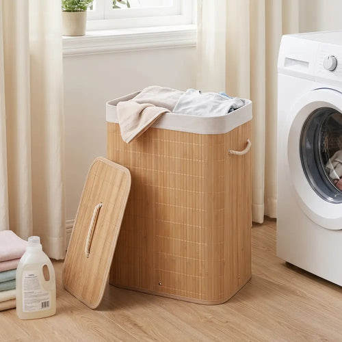 19 Gal Bamboo Clothes Hamper with Removable Liner and Portable Handles-Natrual - Natural - Laundry Baskets