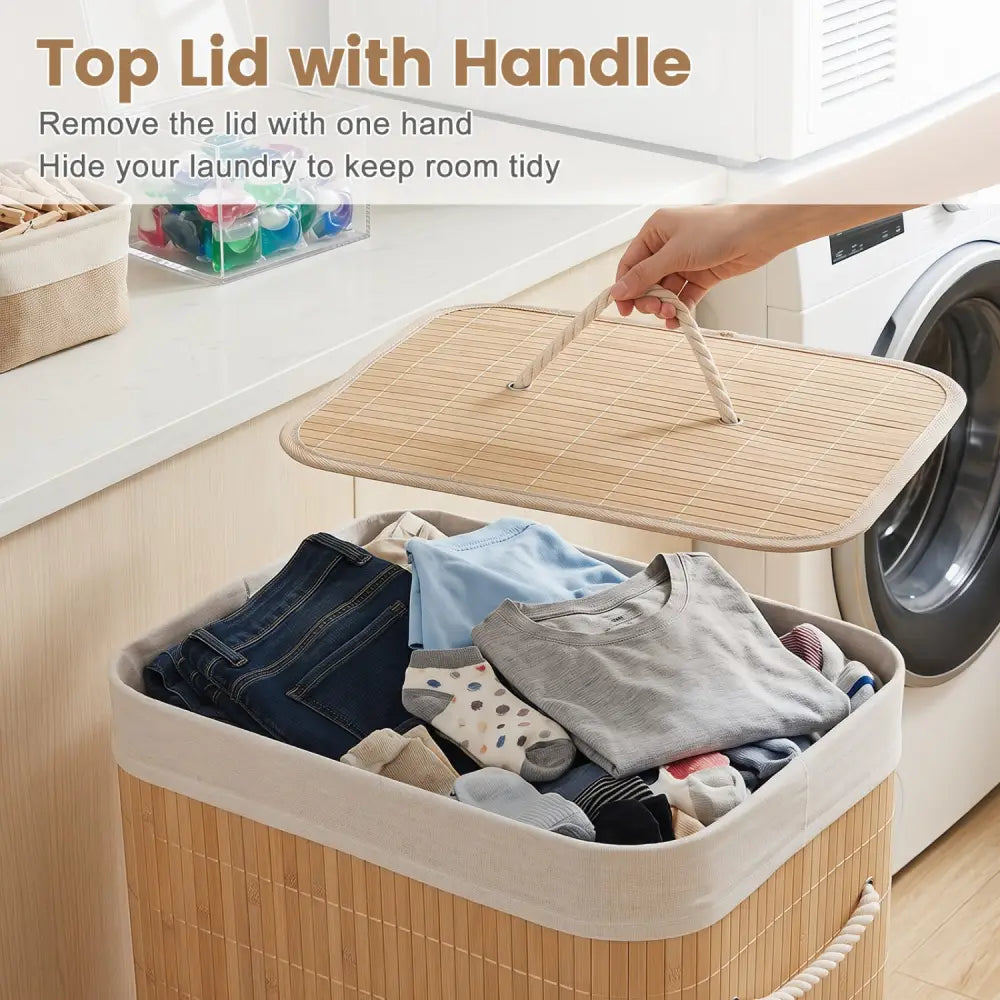 19 Gal Bamboo Clothes Hamper with Removable Liner and Portable Handles-Natrual - Natural - Laundry Baskets