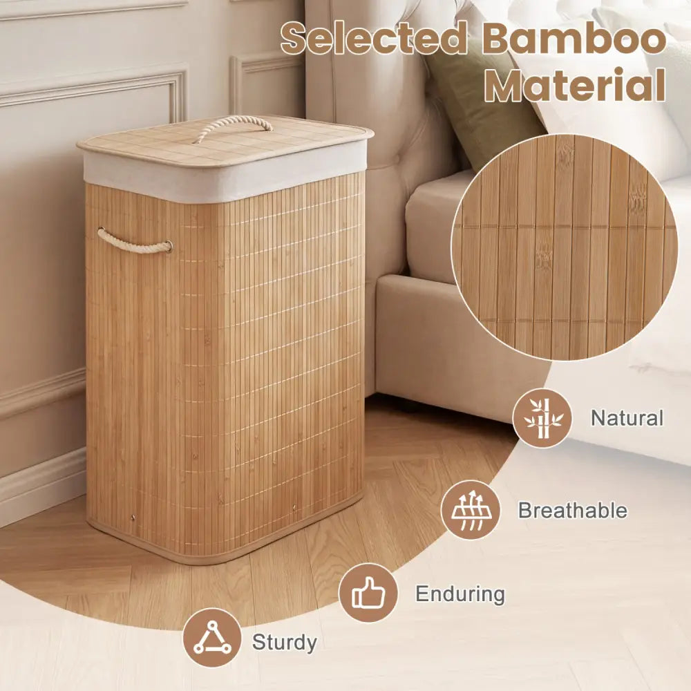 19 Gal Bamboo Clothes Hamper with Removable Liner and Portable Handles-Natrual - Natural - Laundry Baskets