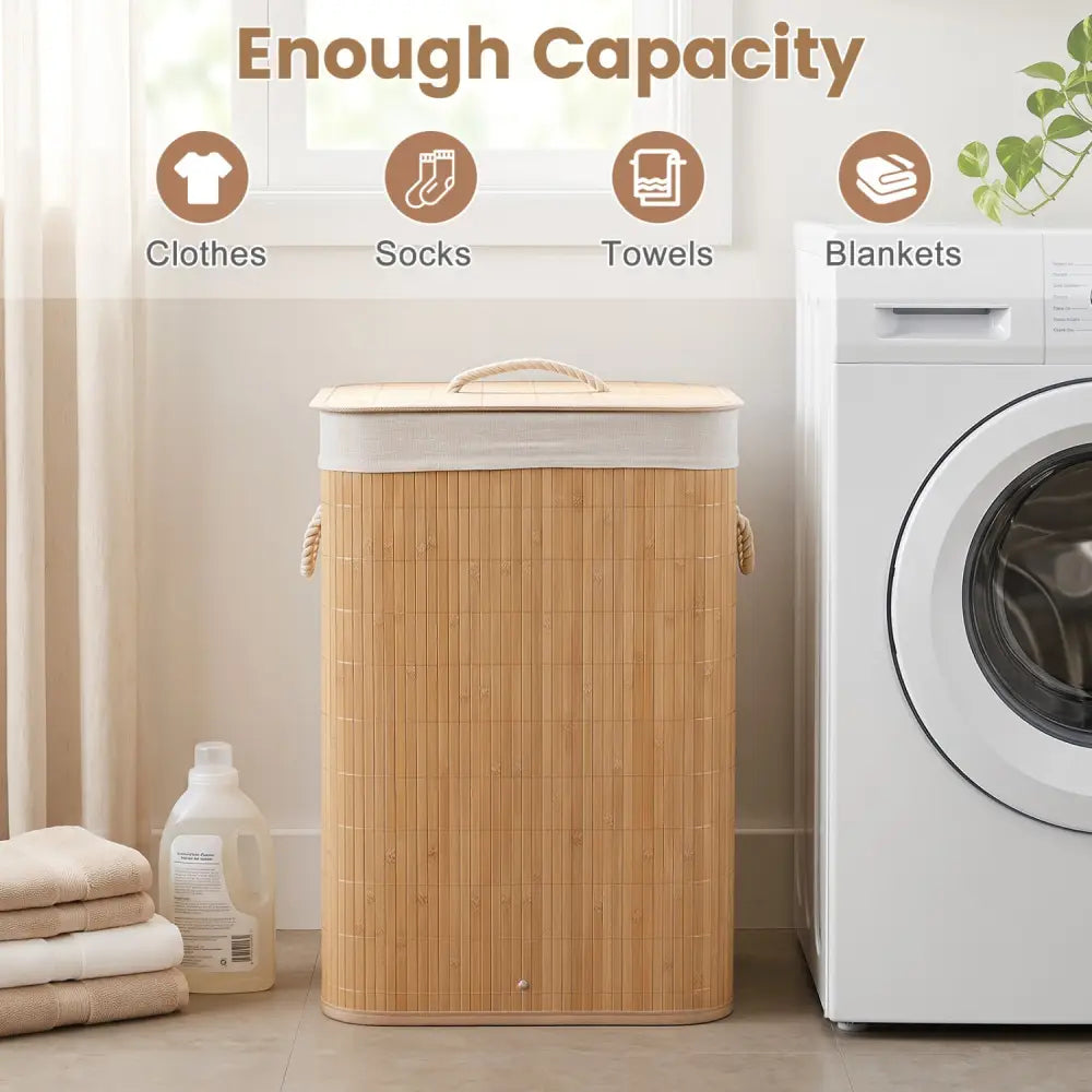 19 Gal Bamboo Clothes Hamper with Removable Liner and Portable Handles-Natrual - Natural - Laundry Baskets