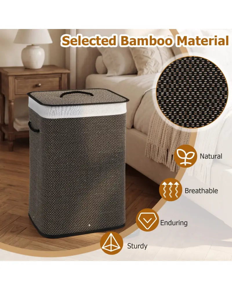 19 Gal Capacity Bamboo Clothes Hamper with Removable Liner and Portable Handles-Black - Black - Laundry Baskets