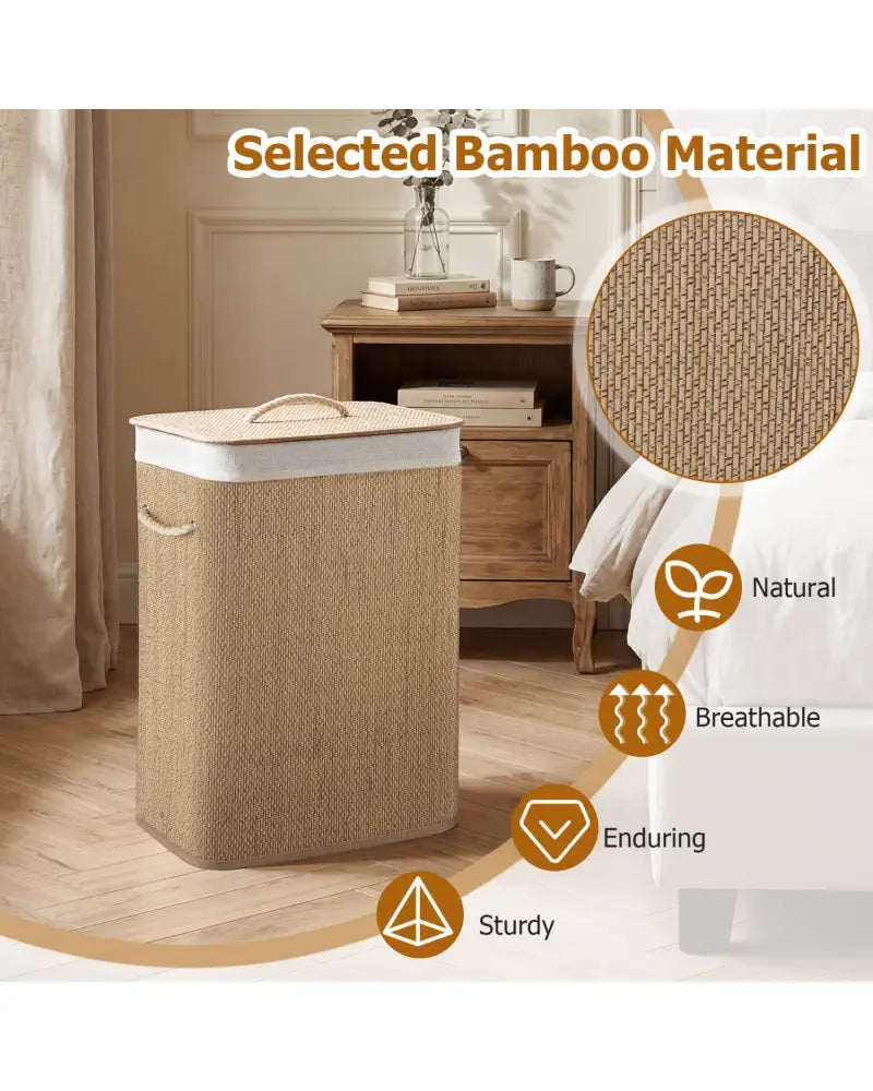 19 Gal Capacity Bamboo Clothes Hamper with Removable Liner and Portable Handles-Natrual - Natural - Laundry Baskets