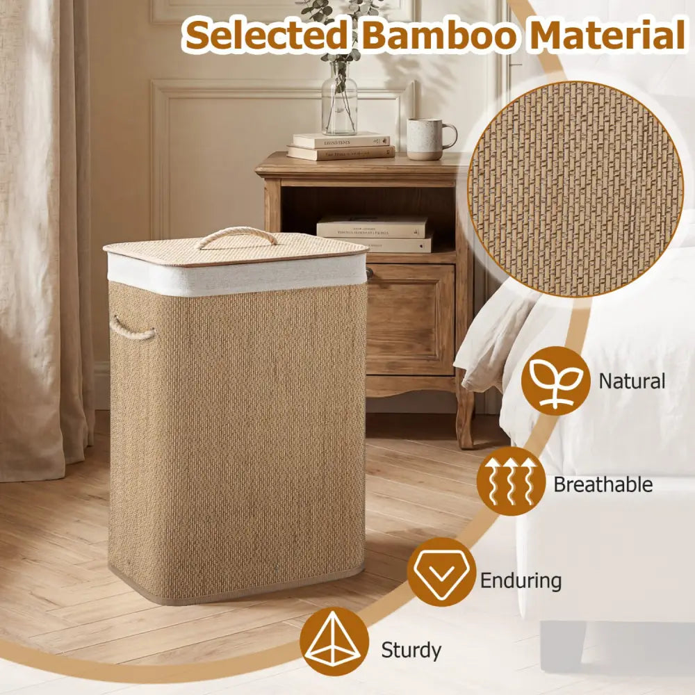 19 Gal Capacity Bamboo Clothes Hamper with Removable Liner and Portable Handles-Natrual - Natural - Laundry Baskets