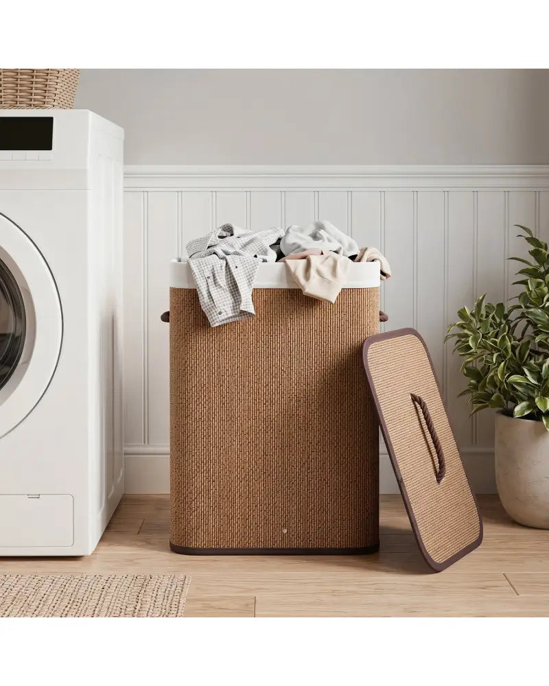 19 Gal Capacity Bamboo Clothes Hamper with Removable Liner and Portable Handles-Brown - Brown - Laundry Baskets