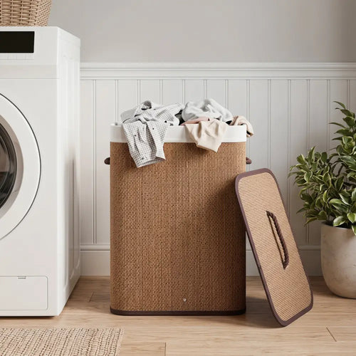 19 Gal Capacity Bamboo Clothes Hamper with Removable Liner and Portable Handles-Brown - Brown - Laundry Baskets