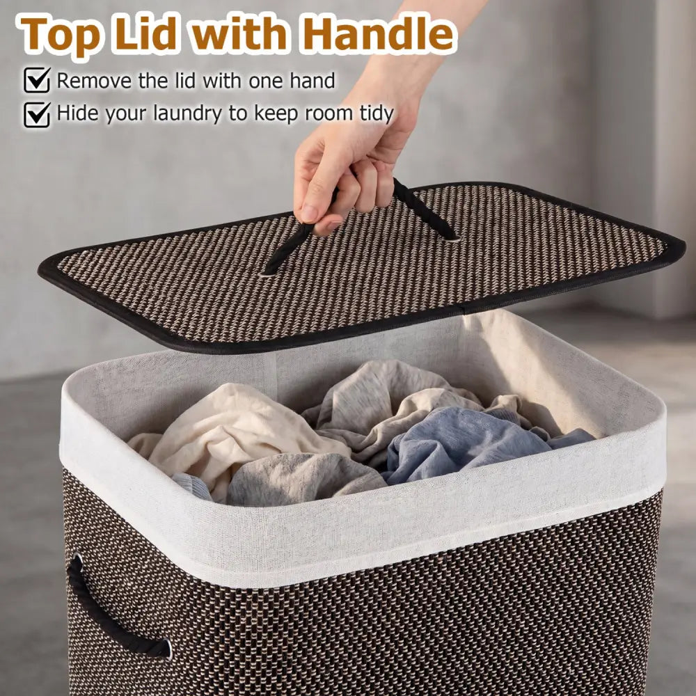 19 Gal Capacity Bamboo Clothes Hamper with Removable Liner and Portable Handles-Black - Black - Laundry Baskets