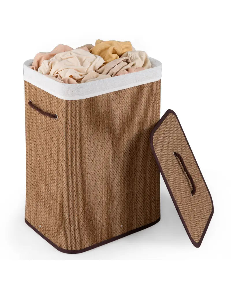 19 Gal Capacity Bamboo Clothes Hamper with Removable Liner and Portable Handles-Brown - Brown - Laundry Baskets