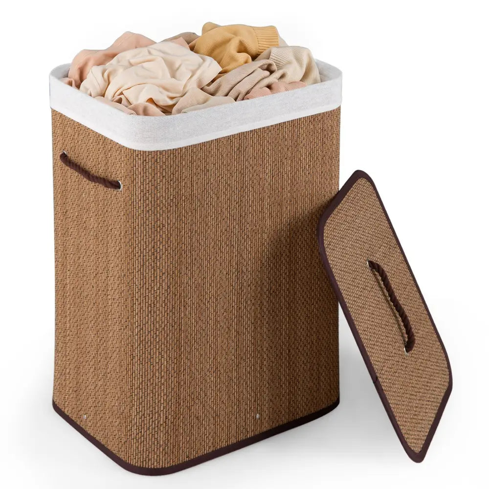 19 Gal Capacity Bamboo Clothes Hamper with Removable Liner and Portable Handles-Brown - Brown - Laundry Baskets