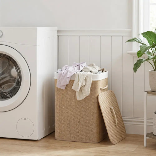 19 Gal Capacity Bamboo Clothes Hamper with Removable Liner and Portable Handles-Natrual - Natural - Laundry Baskets