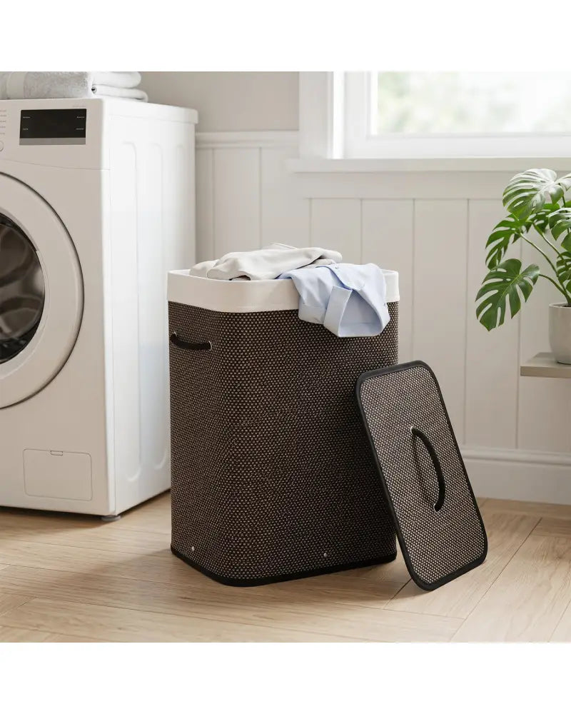 19 Gal Capacity Bamboo Clothes Hamper with Removable Liner and Portable Handles-Black - Black - Laundry Baskets