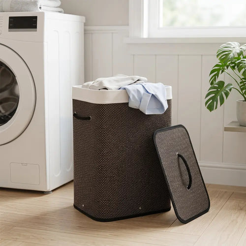 19 Gal Capacity Bamboo Clothes Hamper with Removable Liner and Portable Handles-Black - Black - Laundry Baskets