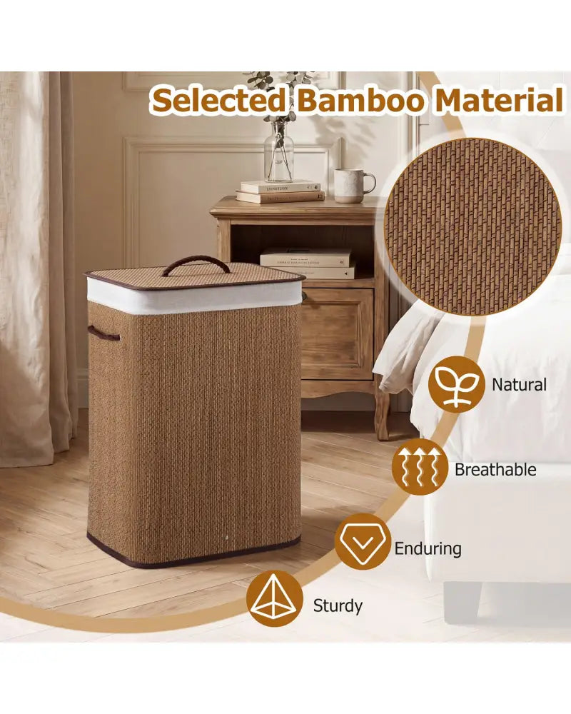 19 Gal Capacity Bamboo Clothes Hamper with Removable Liner and Portable Handles-Brown - Brown - Laundry Baskets