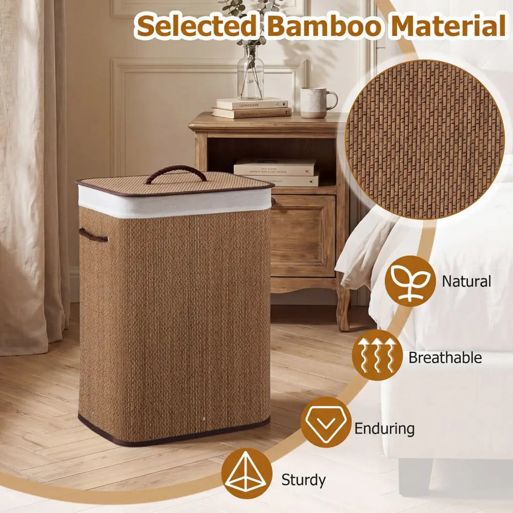 19 Gal Capacity Bamboo Clothes Hamper with Removable Liner and Portable Handles-Brown - Brown - Laundry Baskets
