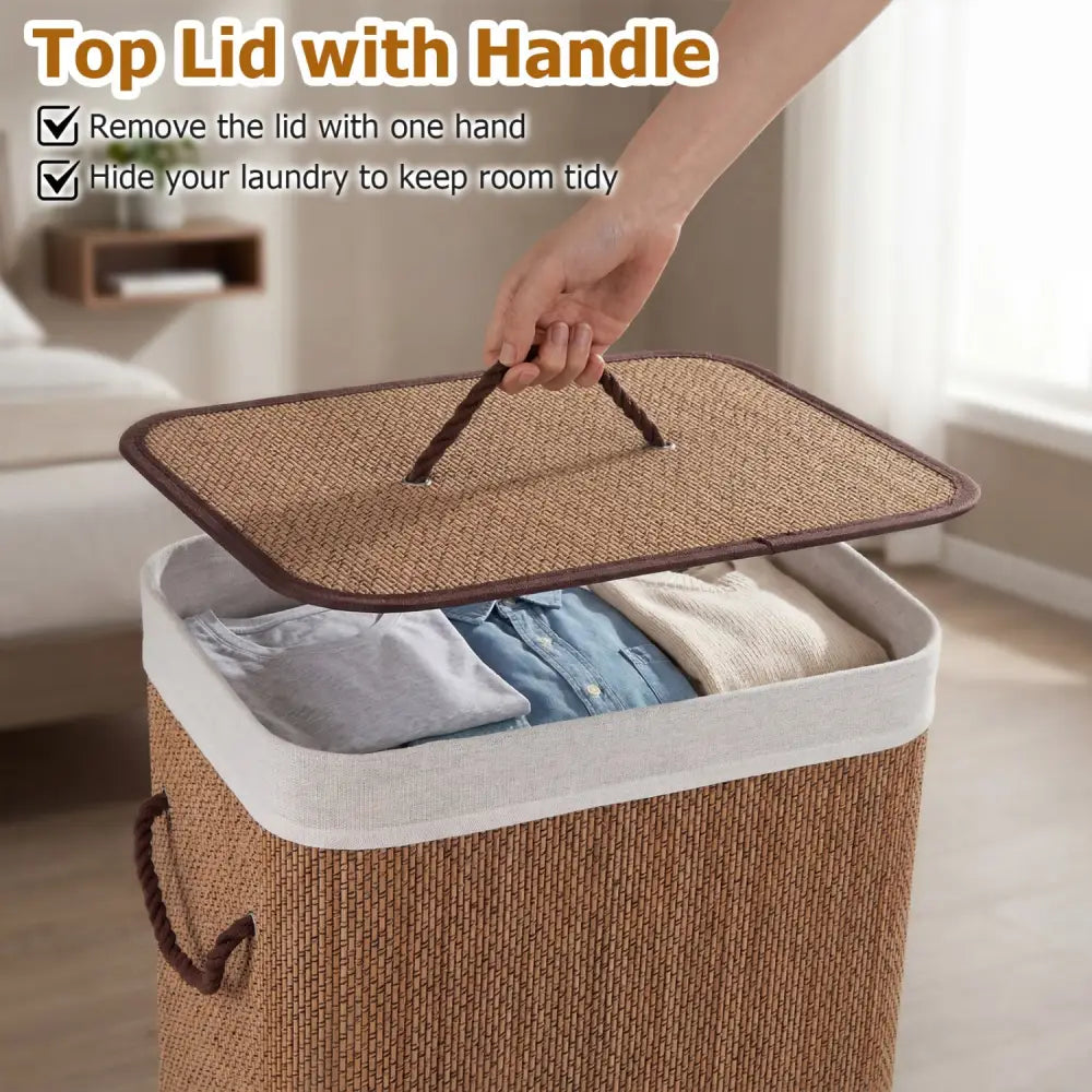 19 Gal Capacity Bamboo Clothes Hamper with Removable Liner and Portable Handles-Brown - Brown - Laundry Baskets