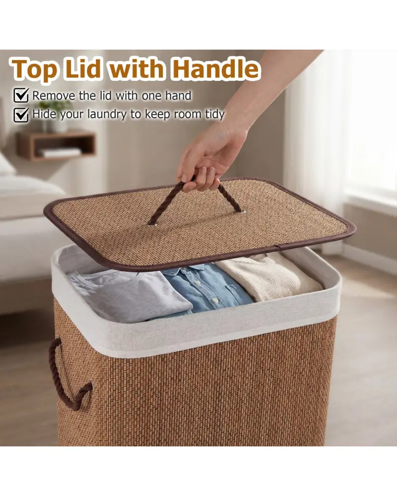 19 Gal Capacity Bamboo Clothes Hamper with Removable Liner and Portable Handles-Brown - Brown - Laundry Baskets
