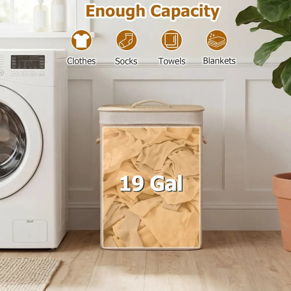 19 Gal Capacity Bamboo Clothes Hamper with Removable Liner and Portable Handles-Natrual - Natural - Laundry Baskets