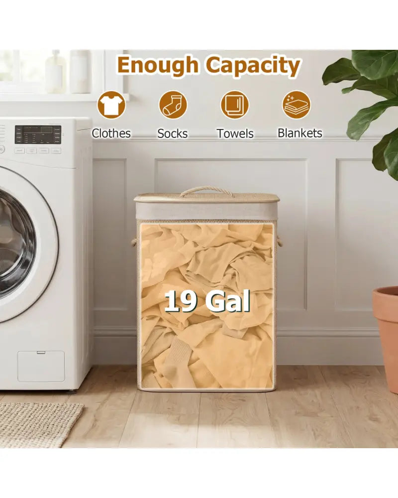 19 Gal Capacity Bamboo Clothes Hamper with Removable Liner and Portable Handles-Natrual - Natural - Laundry Baskets