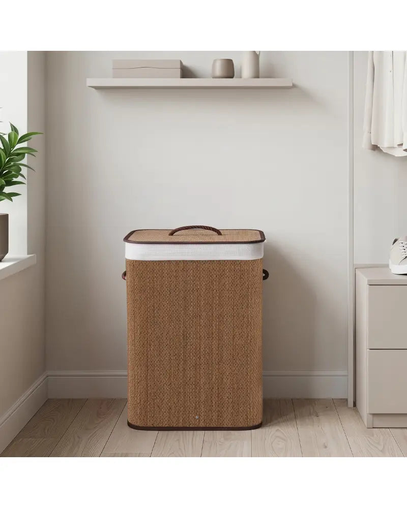 19 Gal Capacity Bamboo Clothes Hamper with Removable Liner and Portable Handles-Brown - Brown - Laundry Baskets