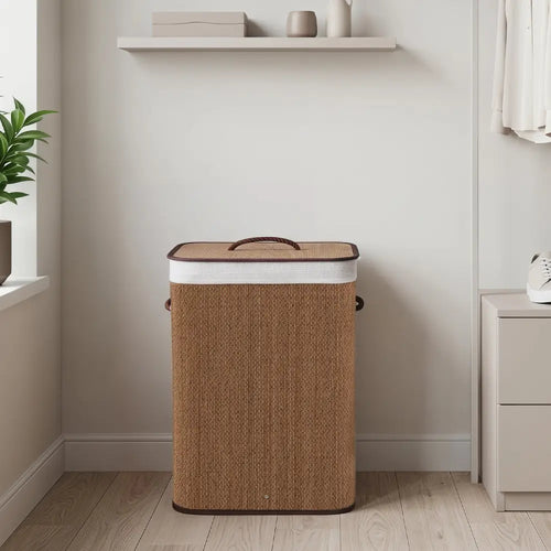 19 Gal Capacity Bamboo Clothes Hamper with Removable Liner and Portable Handles-Brown - Brown - Laundry Baskets