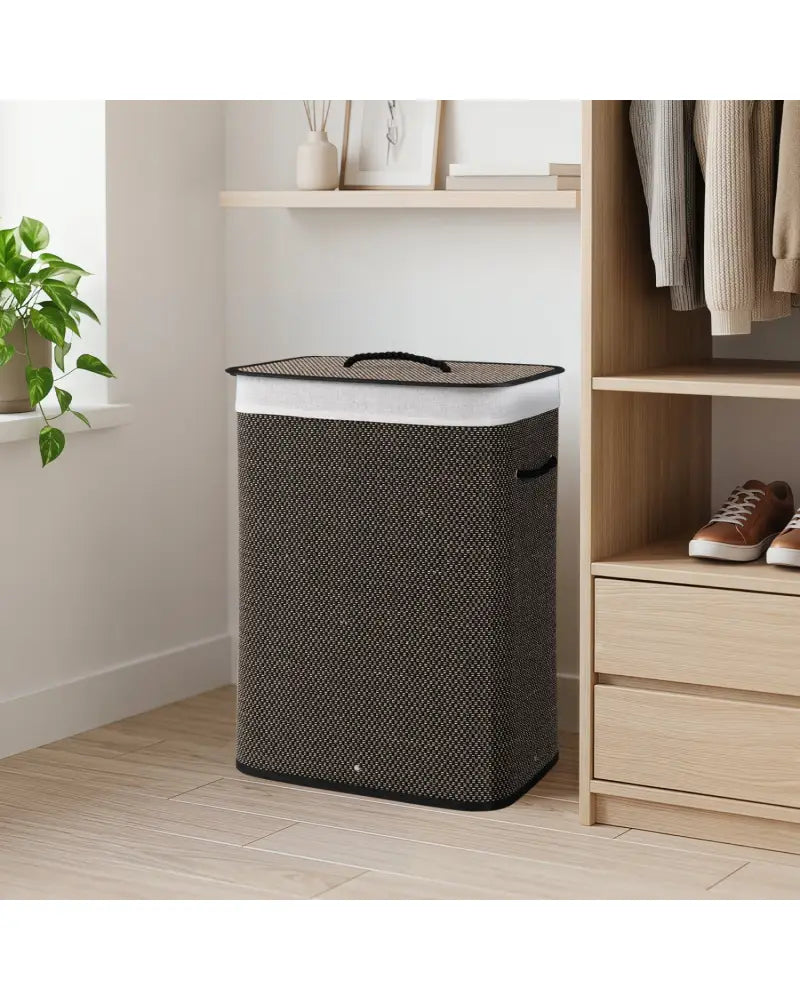 19 Gal Capacity Bamboo Clothes Hamper with Removable Liner and Portable Handles-Black - Black - Laundry Baskets