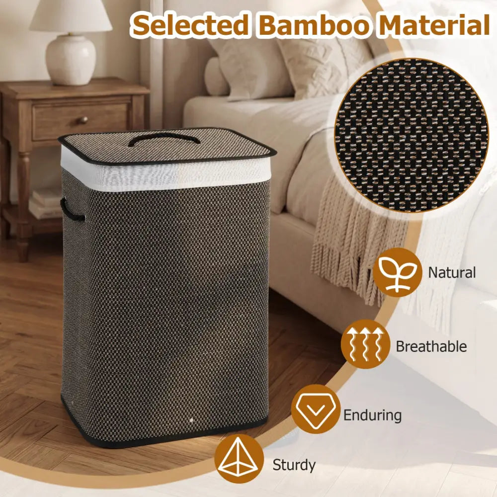 19 Gal Capacity Bamboo Clothes Hamper with Removable Liner and Portable Handles-Black - Black - Laundry Baskets