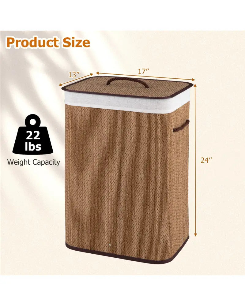 19 Gal Capacity Bamboo Clothes Hamper with Removable Liner and Portable Handles-Brown - Brown - Laundry Baskets