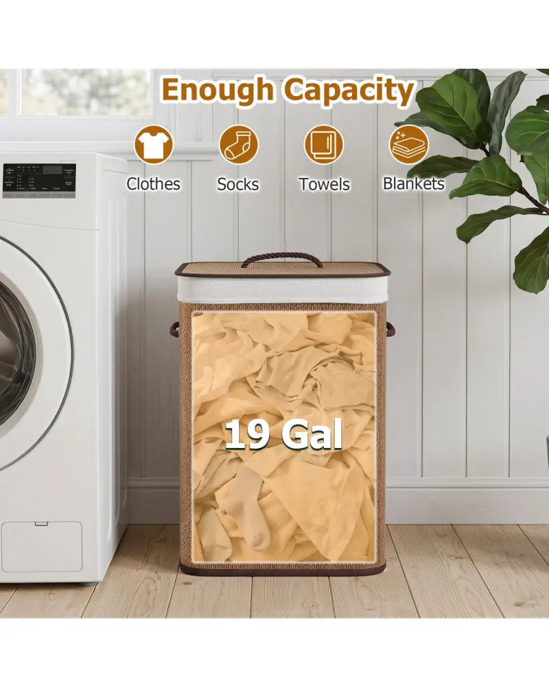 19 Gal Capacity Bamboo Clothes Hamper with Removable Liner and Portable Handles-Brown - Brown - Laundry Baskets