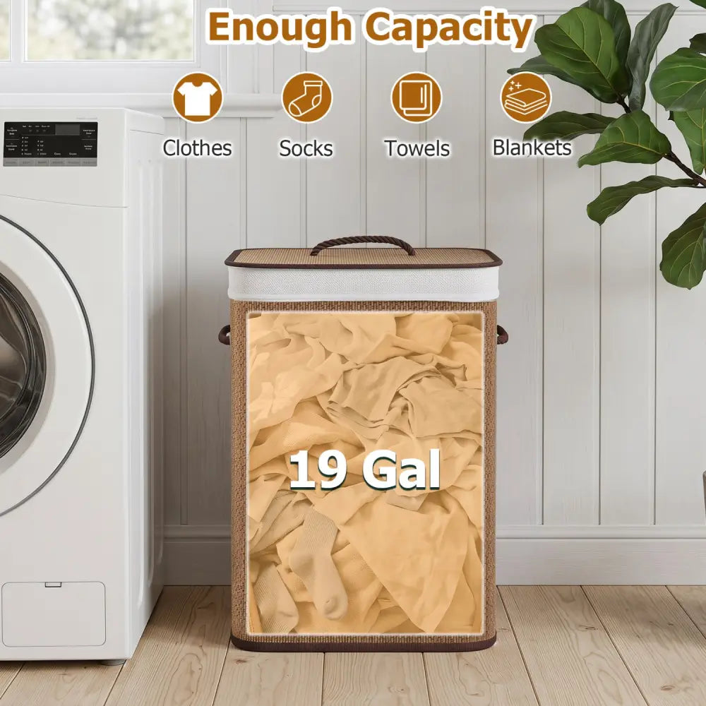 19 Gal Capacity Bamboo Clothes Hamper with Removable Liner and Portable Handles-Brown - Brown - Laundry Baskets