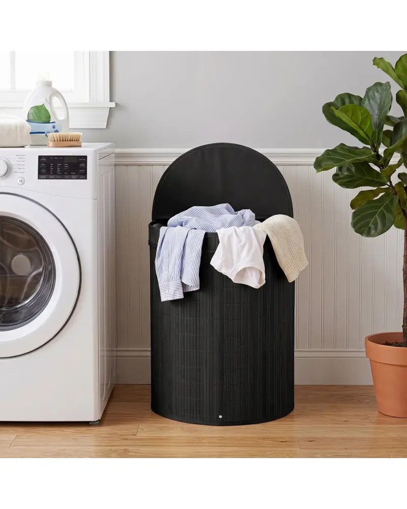 19 Gal Capacity Bamboo Laundry Hamper with Zippered Lid-Black - Black - Laundry Baskets