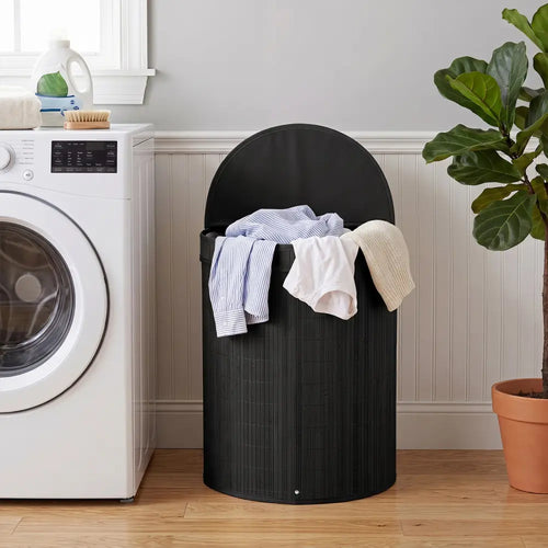 19 Gal Capacity Bamboo Laundry Hamper with Zippered Lid-Black - Black - Laundry Baskets