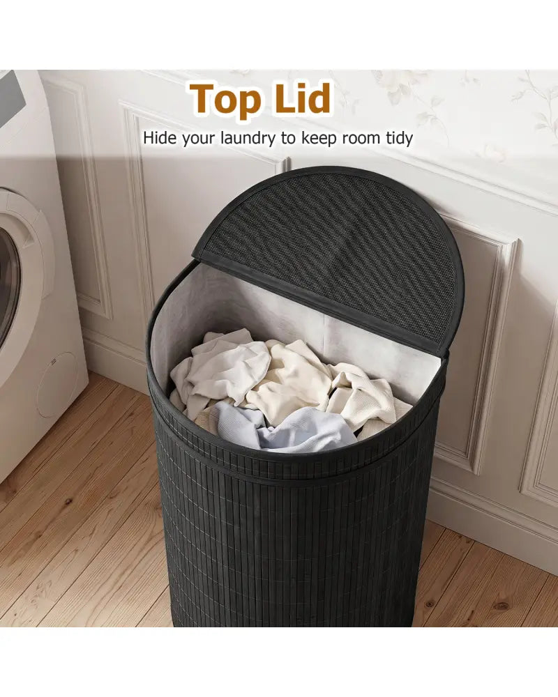 19 Gal Capacity Bamboo Laundry Hamper with Zippered Lid-Black - Black - Laundry Baskets