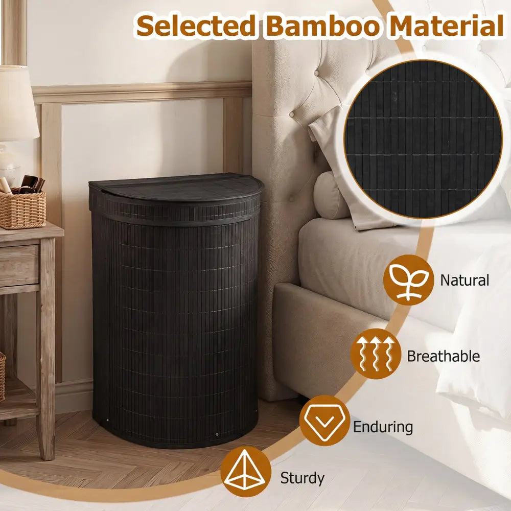 19 Gal Capacity Bamboo Laundry Hamper with Zippered Lid-Black - Black - Laundry Baskets